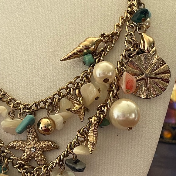 Gold Tone Starfish Shell Necklace MOP Blue Pink Chips Rhinestones Faux Pearls - Picture 4 of 6